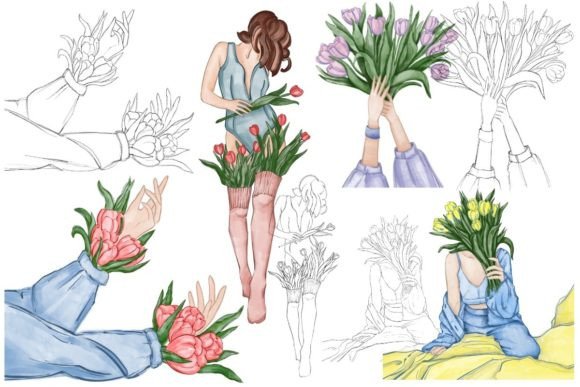 Girls with Tulips: Hand-Drawn Illustrations for Creative Projects