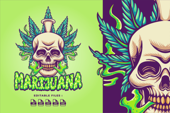 Skull Head with Weed Leaf Illustrations: A Bold Design Asset