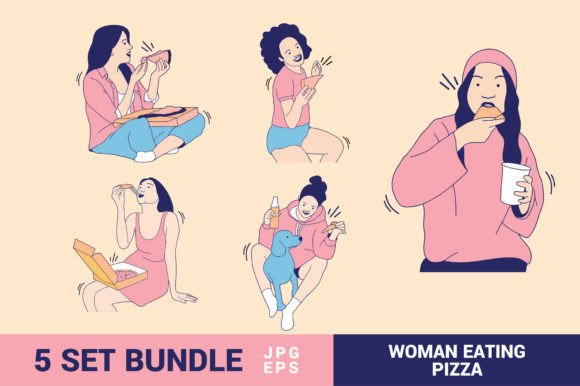 Woman Eating Pizza Illustrations: A Modern Design Asset